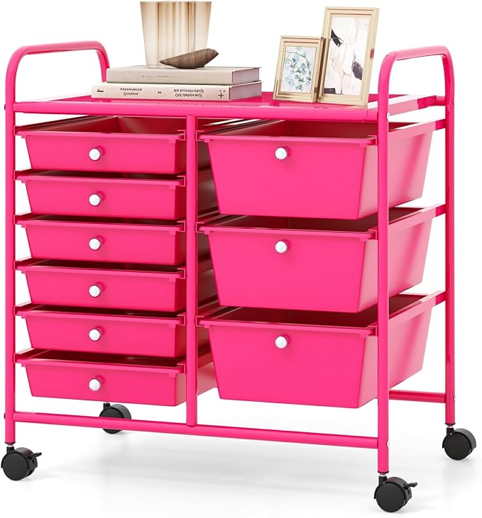 Moccha 9-Drawer Rolling Storage Cart - Under Desk Storage Drawers with wheels for Craft Art Supply Paper Salon, Scrapbook Paper Tools, Mobile Utility Cart for Classroom, Hot Pink by LDAILY