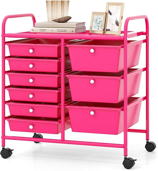 Moccha 9-Drawer Rolling Storage Cart - Under Desk Storage Drawers with wheels for Craft Art Supply Paper Salon, Scrapbook Paper Tools, Mobile Utility Cart for Classroom, Hot Pink by LDAILY