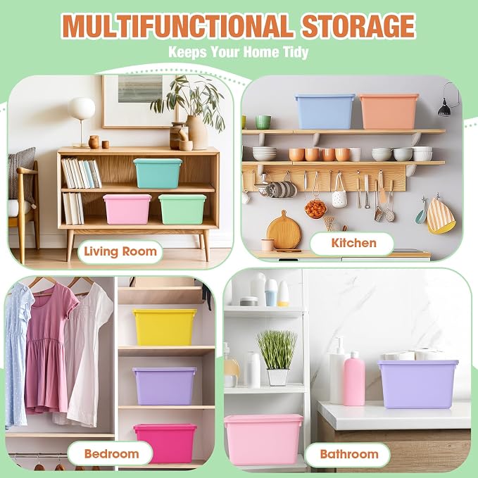 Potchen 8 Pack Small Stackable Storage Bins with Lids Plastic Storage Boxes for Classroom 9.8" ×7.3" ×5.7" Decorative Organizer Bins for Craft Art Office Teacher Supplies (Mixed Color) - Image 4