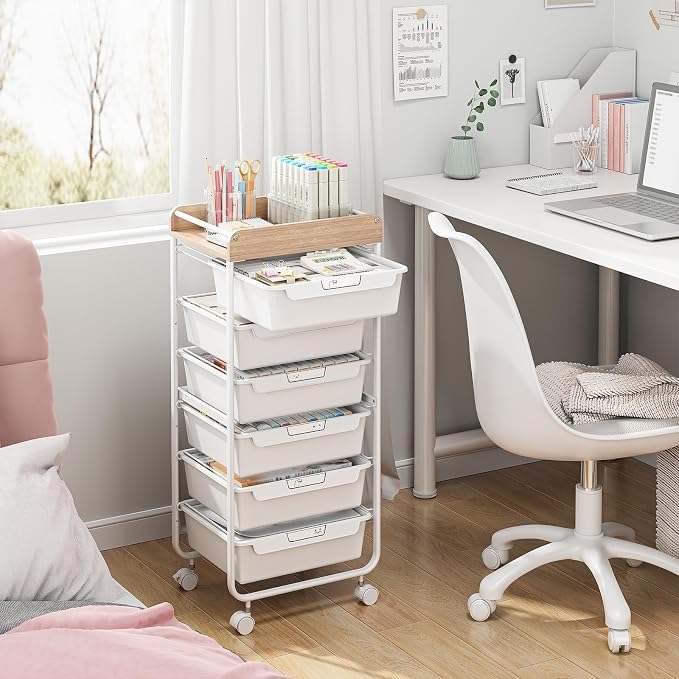 Rolling Craft Storage Cart with 6 Drawers, Art Cart,White | Utility Cart with Wooden Top, for Craft Room, Kids Art Station, Sewing Storage, Space-Saving for Home Office & Bedroom - Image 3