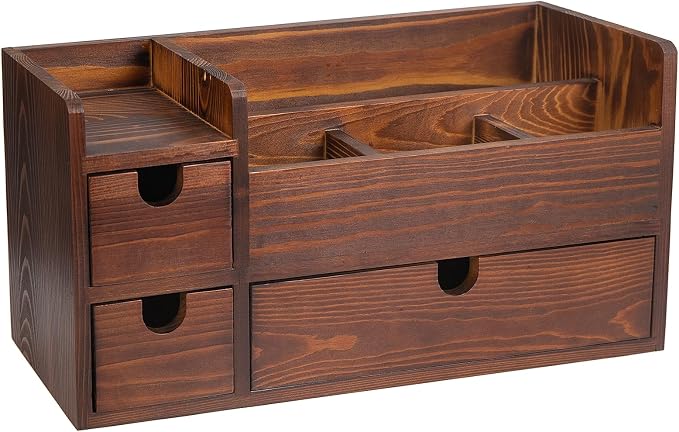 Rustic Brown Wooden Desktop Organizer Drawers Removable Office Supplies Torched Wood Storage Cabinet Caddy Box Stationery Pencil Slots Mail Holder Notes Accessories Home Makeup Tools Cosmetics - Image 6