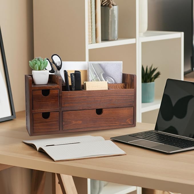 Rustic Brown Wooden Desktop Organizer Drawers Removable Office Supplies Torched Wood Storage Cabinet Caddy Box Stationery Pencil Slots Mail Holder Notes Accessories Home Makeup Tools Cosmetics - Image 5
