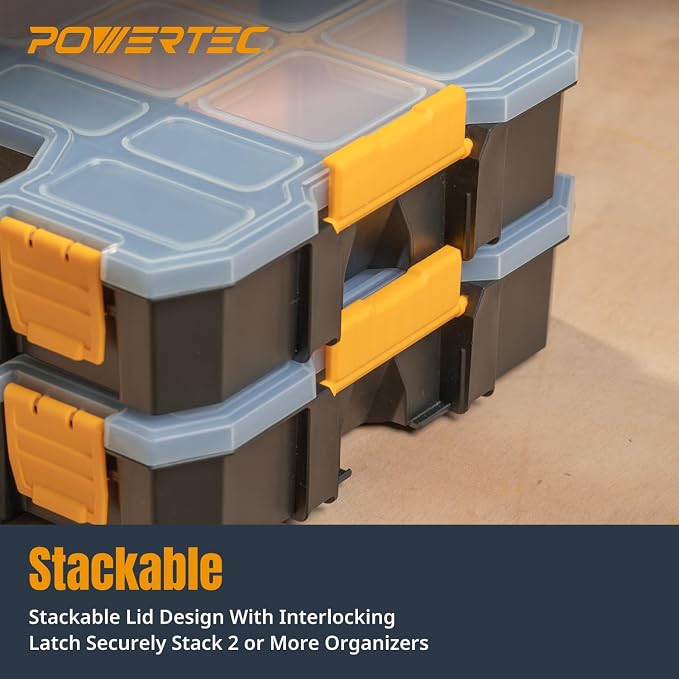 POWERTEC Small Parts Organizer & Tool Box – 14 Compartments, Stackable Storage with Interlocking Latch, Removable Dividers, Clear Lid, Portable Design (72364) - Image 4