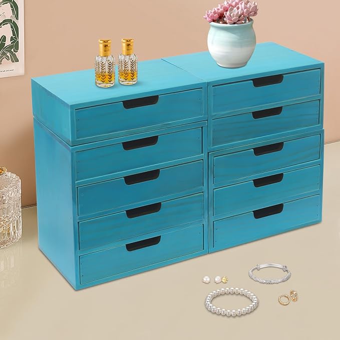 4-Piece Wood Drawer Cabinet Set, Desktop Storage Organizers, 10-Drawer Tabletop Storage Organizer, Desktop Wood Stackable Drawer Cabinet for Home Office Dormitory(Blue) - Image 2