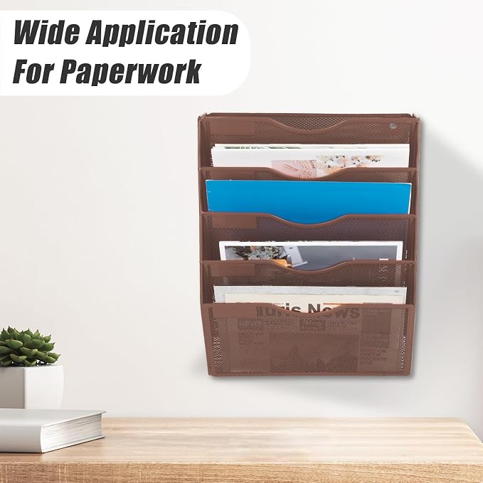 5 Pocket Mesh Hanging Wall File Organizer, Wall Mounted Mail Paper Document Folder Holder, Clipboard Storage Organization Magazine Rack with Nametag Label for Office Home School, Brown - Image 6