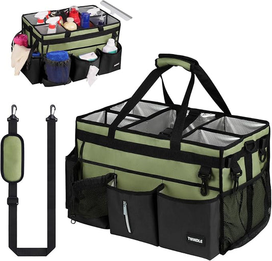 Large Cleaning Caddy Bag with Built-In Support Board, Cleaning Tote Organizer with Removable Divider, Supply Carryall with Adjustable Shoulder Strap and Waist Belt for Cleaners & Housekeeper by TWINDLE