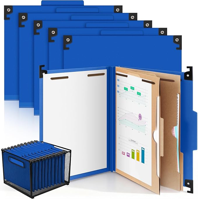 Henoyso 10 Pcs Hanging Classification Folders,2 Pocket Dividers,Dark Blue | Letter Size, Hanging File Folders with 2 Pockets, 3" Expansion, 6 Prong Fasteners, 1/3 Tab Cut, 6 Sections, Pressboard Manila by Henoyso