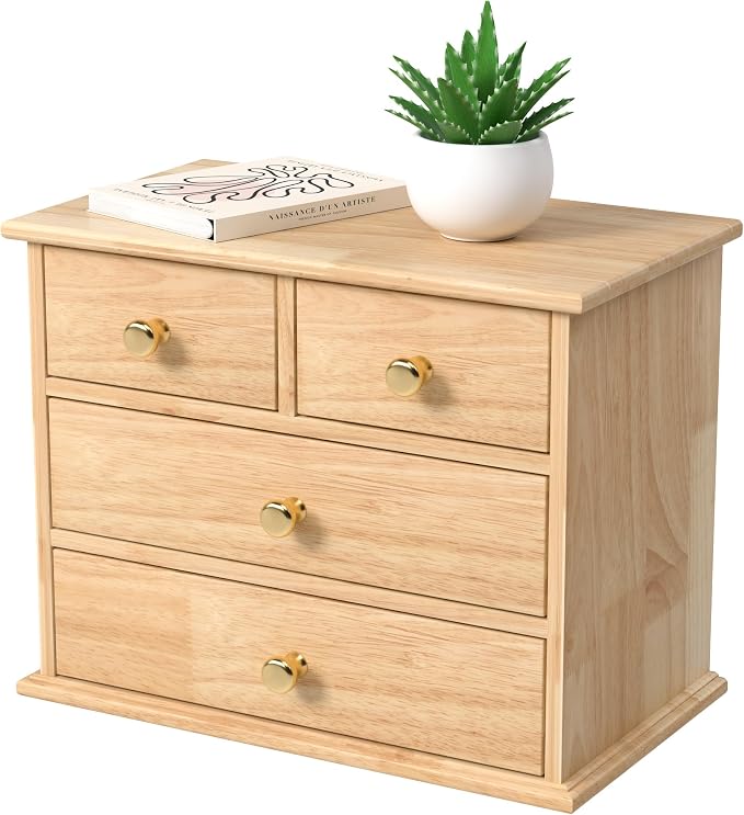 Oak Desk Organizer with Drawers, Durable Wooden Desktop Storage Box | 4 Drawer Tabletop Organizer with Metal Handles & Non-Slip Pads for Office, Bedroom, Bathroom, Vanity, Makeup Storage, Natural by JNFUZ