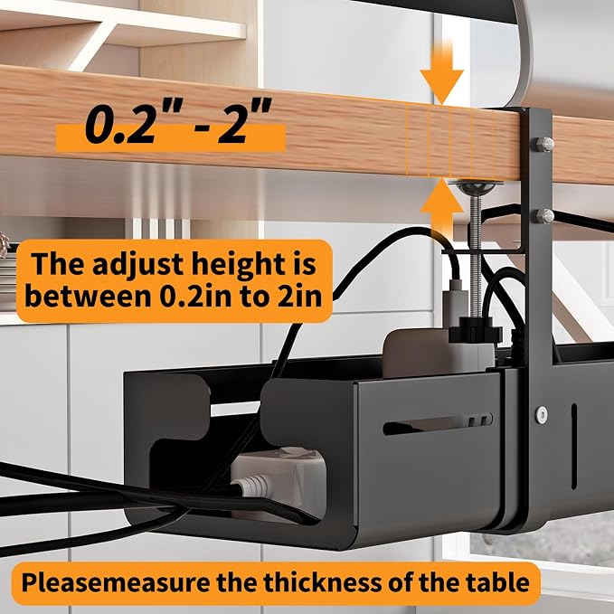 Under Desk Cable Management Tray, Expandable Length 25.2"-38.6",No Drill No Damage to Desk,Cable Tray with Clamp for with Wire Management,for Cord Organizer for Home Office Standing Desk, Black - Image 5