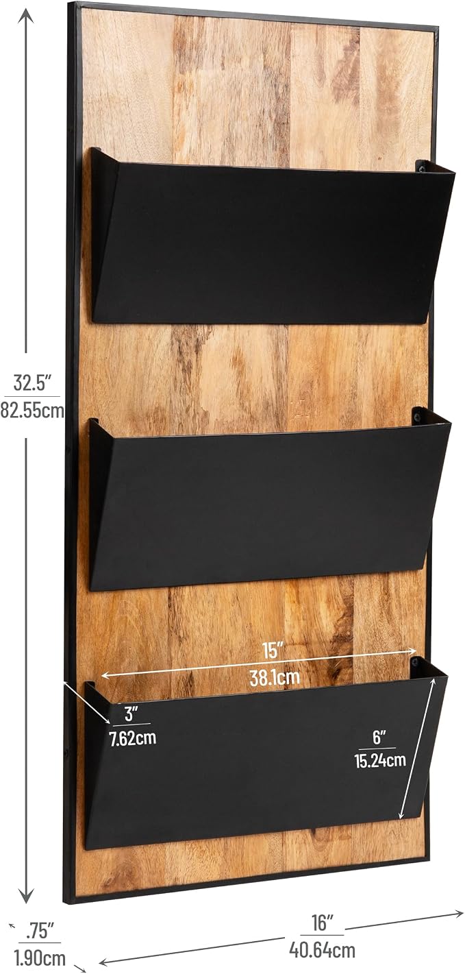 Mind Reader 3-Tier Wall-Mounted File Organizer, Wood and Metal Vertical Rack for Mail, Magazines, and Documents, Black - Image 3