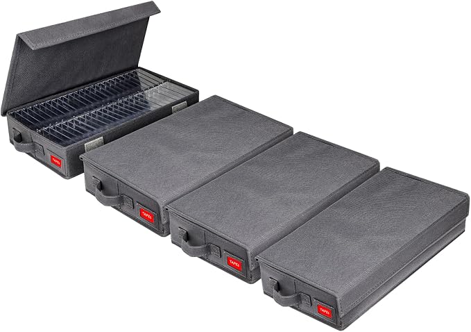 NUSWOR Upgrades Audio Cassette Tape Holder - 4Pack - Grey | Dust-proof Cassette Racks with Lid - Cassette Tape Storage Box - Holds 192 Cassette Cases - 16.34 x 9.25 x 3.4 Inches by NUSWOR