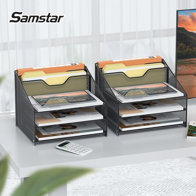 Samstar 2 Pack Mesh Desk File Organizer Letter Tray Holder, Desktop File Folder Holder with 3 Paper Trays and 2 Vertical Upright Section, Black - Image 2