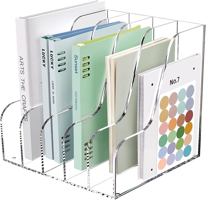 SANRUI Acrylic Desk Organizers, Clear Magazine File Holder, 5 Vertical Compartments A4 Folder Binder Holders Sorter, Office Desktop Workspace Organization Storage Rack for Office Home School by SANRUI