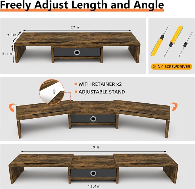 WESTREE Dual Monitor Stand Riser with Drawer, 3 Shelf Computer Monitor Riser with Adjustable Length and Angle, Desktop Monitor Stand Riser Storage Organizer for 2 Monitors - Image 7