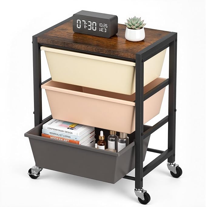 Rolling Cart with 3 Drawers, Plastic Drawer Storage Carts with Lockable Wheels & Wooden Tabletop, Metal Art Craft Utility Cart Organizer for Home Office Bedroom Dorm Bedside Classroom, Dark Brown by TimeForest