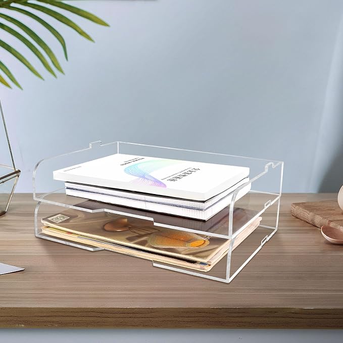 2 Pack- Stackable Paper Letter Tray,Clear Acrylic Magazine Holder and File Organizer - Sleek Desk Organizer for Home Office, Bookshelf, or Workspace - Space-Saving Transparent Document Holder by WYFHLPMMA
