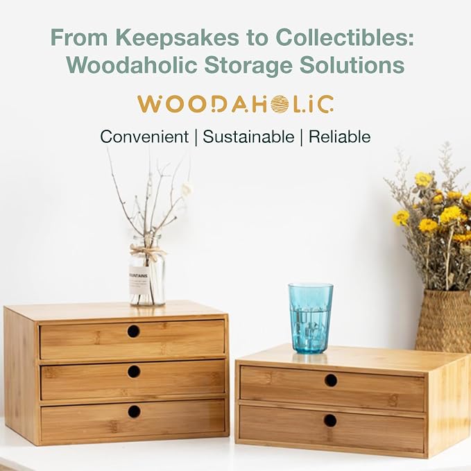 Modular Stackable Set of 3 Bamboo Organizer Desktop Drawers - 1, 2, 3 = 6 Drawers Total Storage Organizer for Desk Accessories, Office Supplies, Makeup Storage - Tabletop Wood Box Stackable Drawers - Image 8