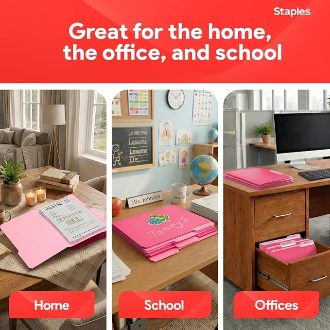 Staples Reinforced File Folders, 1/3-Cut Tab, Letter Size, Pink, 100/Box (508952) - Image 6