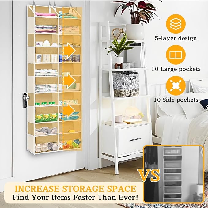Over the Door Organizer 5 Tiers,Extra Large Behind Door Storage of 10 Compartments,80 lbs Weight Capacity Over the Door Storage, Door Hanging Organizer for Closet, Diaper Organizer, Camel - Image 2