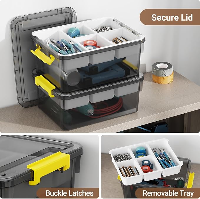 40Qt Stackable Storage Bins with Lids Trays Craft Box Organizers, 2Pack,GY | Clear Plastic Latching Boxes Organizers with Dividers Portable Containers for Arts & Crafts, Home Office Classroom Car Trunk - Image 3