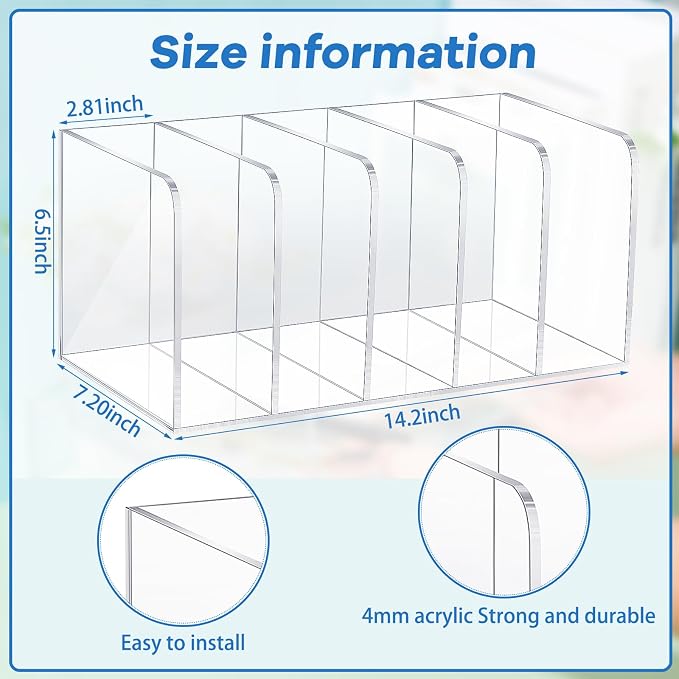 Suzile Clear Acrylic Magazine File Holder with Vertical Compartments Desk Organizer Book Rack for Desk Sorter Paper Folder Office Accessories(Classic,14.2 x 7.2 x 6.5 Inch) - Image 2