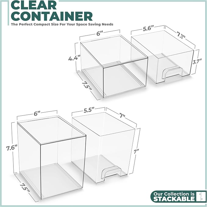 Sorbus Acrylic Storage Containers - 2 Pack, Stackable Storage Bins Set for Bathroom Organization - Clear Acrylic Drawer Organizers - Makeup Case Pull-Out Drawers (7.6’’ and 4.4’’ Tall) - Image 3