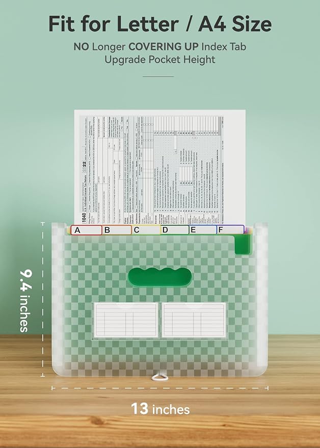 ABC life 26 Pockets Accordion File Organizer, Expanding File Folder, Green | Monthly Bill & Receipt Holder with Colored A-Z Tabs, Portable Folder Organizer for Home Office School, Fits Letter/A4 Size - Image 3