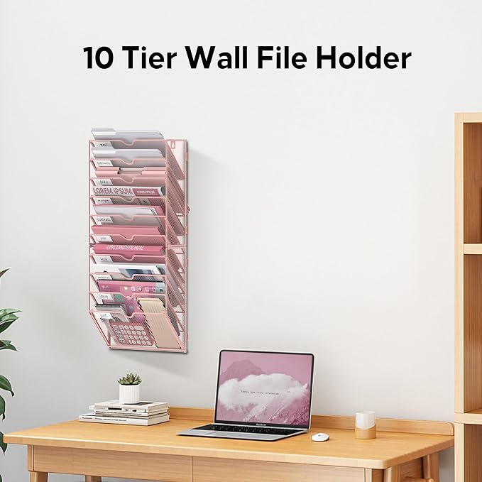 10-Tier Wall File Organizer and Hanging File Organizer, Pink | Wall Organizer and Wall Mounted File Holder with 10 Pockets and Label Panels for Files, Mail, Folders, Magazines and Paper - Image 3