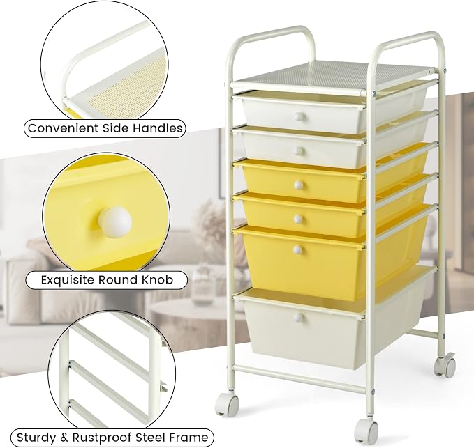 COSTWAY 6-Drawer Rolling Storage Cart, Art Craft Tools Organizer on Wheels | Multifunctional Heavy Duty Utility Mobile Storage Trolley w/ 2 Lockable Wheels for Home Office School (Yellow, Beige & Grey) - Image 6