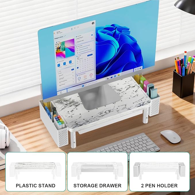 WALI Computer Monitor Stand with Storage, Desk Organizer with Drawer and Pen Holder, Desk Monitor Riser 3 Height Adjustable, Laptop Riser for Computer, Laptop, Printer(PTT003-M), 1 Pack, Marble - Image 6