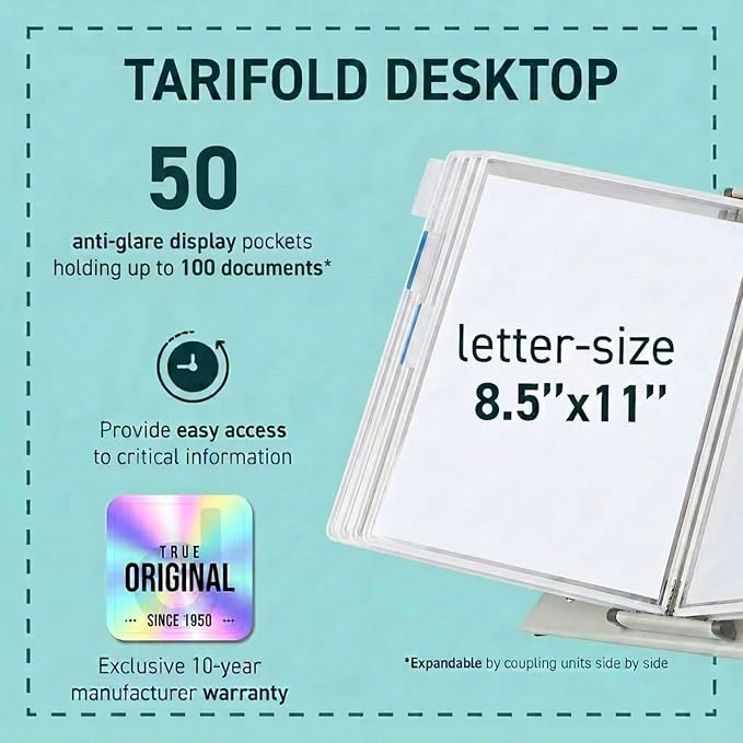 Tarifold Desktop Reference Display System, 50 Pockets, Expandable, White | 50 Double-Sided PVC Pockets, Holds 100 Letter-Size Sheets, Sturdy Metal Base, Quick-Find Indexing, Quick and Easy to Assemble - Image 2