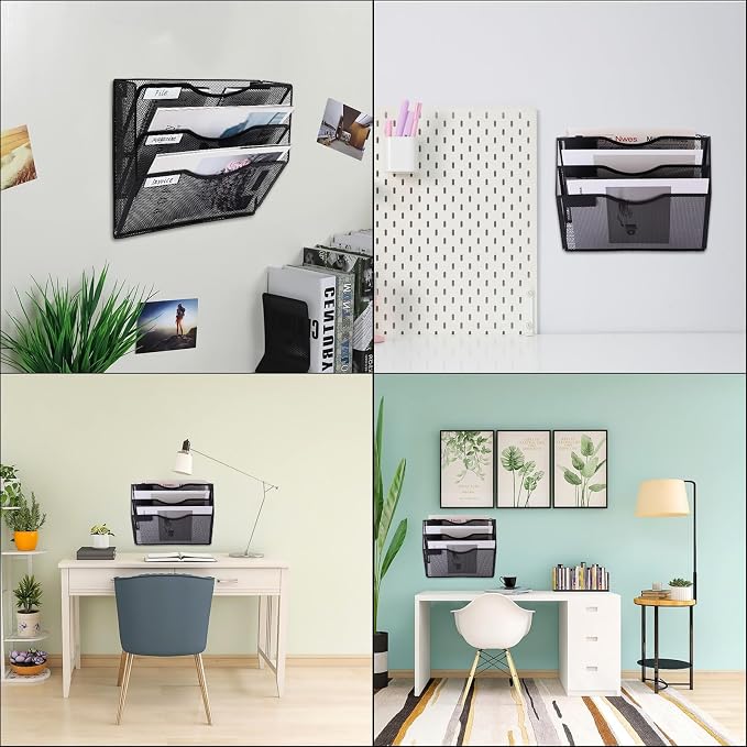 ASelected 3 Tier Wall File Holder Organiser,Paper Magazine Storage Rack Holde, Mesh Wall Mounted Holder Metal Hanging Wall Files Mail Document Holder for Office and home, Black - Image 7