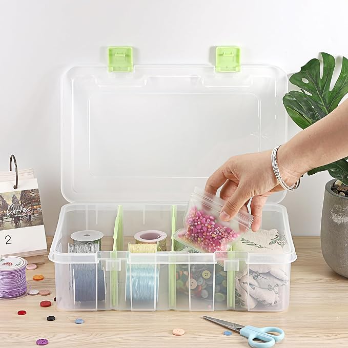 BTSKY Clear Plastic Dividing Storage Box with 4 Compartments Sewing Box | 13.3x8.1x3.4 Inches Adjustable Storage Bin with Lid Plastic Craft Storage Container Multipurpose Art Supply Organizer Green - Image 6