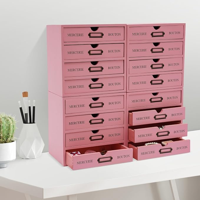 4PCS Vintage Wooden Drawer Organizer, 16-Drawer Stackable Storage Cabinet | Solid Pine Wood | 4-Tier | 35 Lbs Capacity | Iron Label Holders | Fully Assembled | For Office, Home, Craft Room (Pink) - Image 5