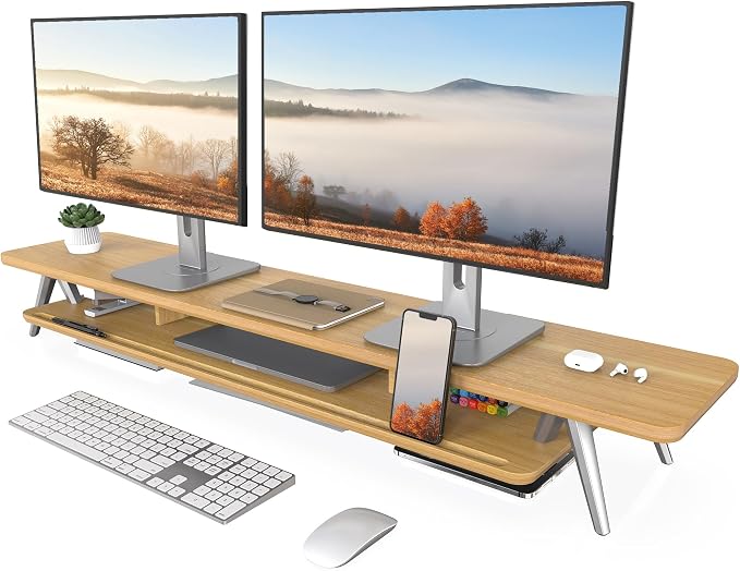 Fenge Dual Monitor Stand Riser, Wooden Desk Shelf with 2-Tier Storage | 47.2-Inch Extra Wide, Sturdy Aluminum Legs, Built-In Phone & Tablet Slot, Desktop Organizer for Office Accessories by Fenge