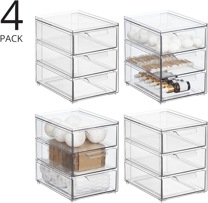 mDesign Plastic Stackable Organizer with 3 Drawers - Pull-Out Drawer Storage Bin for Bathroom Sink/Cabinet Organization - Perfect for Makeup, Small Towels, and More - Lumiere Collection, 4 Pack, Clear - Image 4