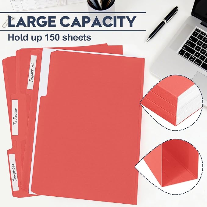 File Folders,150 Pack Colored File Folders Letter Size,8.5" x 11",1/3 Cut Tab Folder,Durable Paper Bulk File Folders with Blank Labels for Office Business School Home Use,Dark Red - Image 4