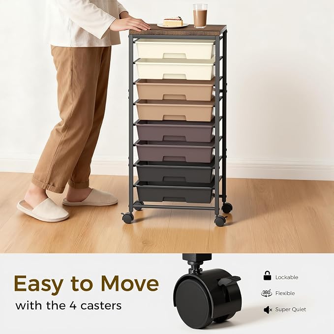 Rolling Cart with 8 Drawers, Plastic Drawer Storage Carts with Wheels & Wooden Tabletop, Metal Utility Cart Organizer for Bedroom Living Room Office Classroom Craft Organization and Storage, Brown - Image 5