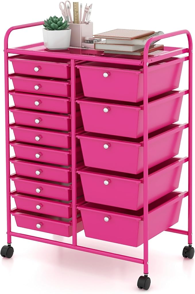 Moccha 15-Drawer Rolling Storage Cart - Under Desk Storage Drawers with wheels for Craft Art Supply Paper Salon, Scrapbook Paper Tools, Mobile Utility Cart for Classroom (15 Drawers, Hot Pink) by LDAILY