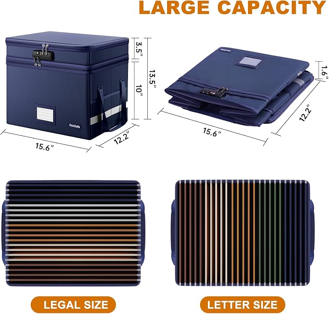 DocSafe File Box with Lock,Multi-Layer Fireproof Document Box Collapsible File Storage Organizer with Pockets/Handle,Large Portable Home Office Filing Safe for Hanging Letter/Legal Size Folders,Blue - Image 5