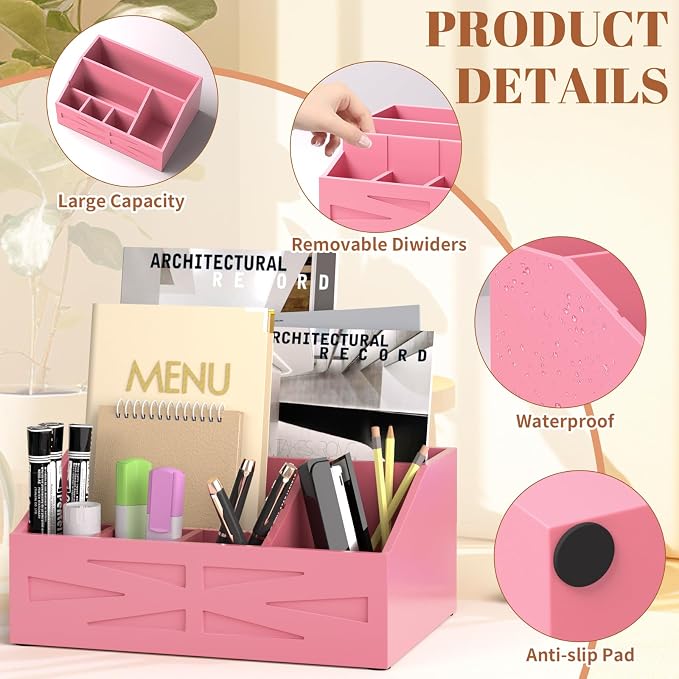 Wood Mail Organizer Countertop,Farmhouse Desk and Kitchen Countertop Storage, Letter Sorter, Desk Mail and Bill Organizer, Desktop File and Paper Holder (Pink) - Image 3