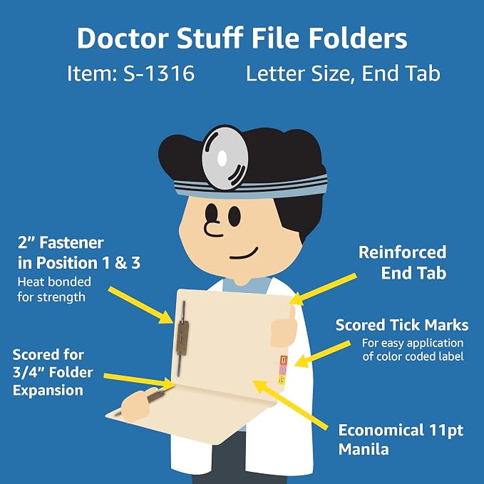 Medical File Folders with 2 Fasteners, Doctor Stuff, Letter Size, Reinforced End Tab Folders with 2” Bonded Fastener on Inside Front and Back, 11 pt Manila Stock, Box of 50 - Image 2