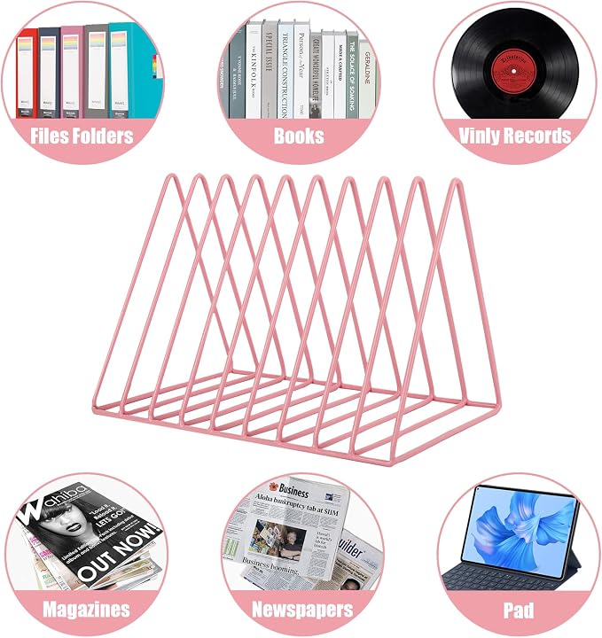 Vinyl Record Holder Storage, 9 Slot Metal Magazine Book Album Display Rack, Stylish Triangle Desktop File Sorter Organizer for Home Office, Pink - Image 3