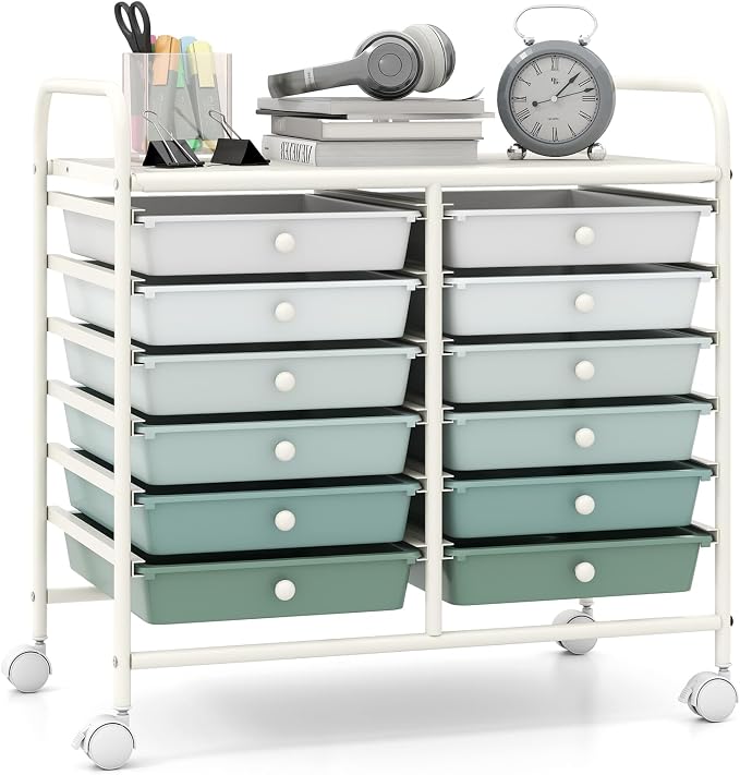 Giantex 12 Drawers Rolling Cart, Mobile Storage Drawer Cart, Classroom Organizer Cart for Office School Supplies Tools Scrapbook Paper Craft Small Printer, Utility Cart on Wheels, Green Gradient by Giantex
