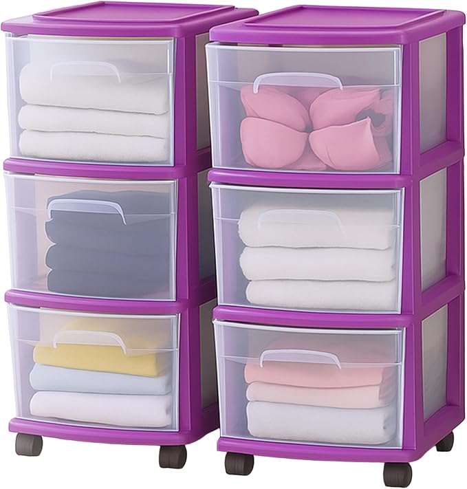 HOMZ 2-Pack Drawer Tower, 3-Tier Clear Plastic Storage Organizer Cart, Purple Frame - Organizing Containers with Wheels for Home, Bathroom, Bedroom, Office, and Classroom by Homz
