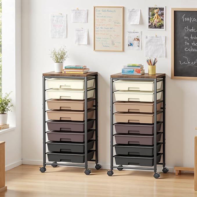 Rolling Cart with 8 Drawers, Plastic Drawer Storage Carts with Wheels & Wooden Tabletop, Metal Utility Cart Organizer for Bedroom Living Room Office Classroom Craft Organization and Storage, Brown - Image 3