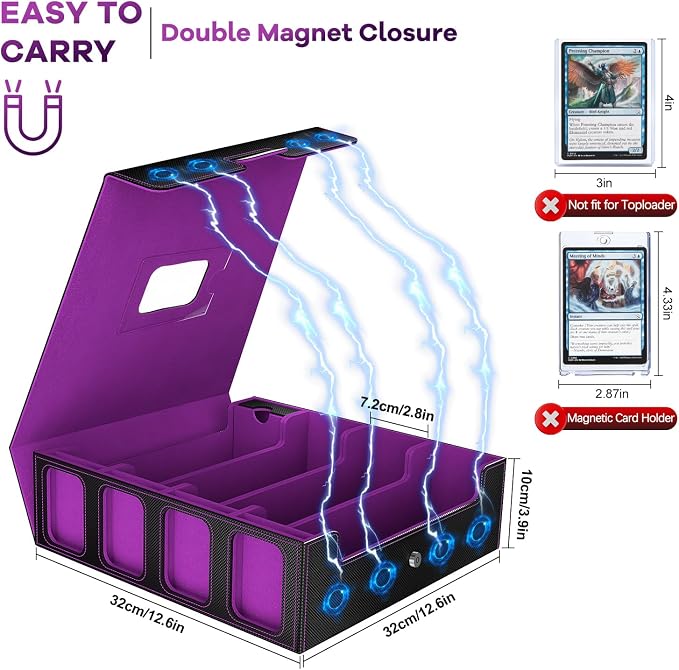 Trading Card Storage Box - 3200+ MTG Deck Box with Commander Display & Portable Handle, 4-Row Card Case Compatible for MTG/TCG/Magic Cards, 30 Colorful Divider, 8 Card Supporters (Black & Purple) - Image 5