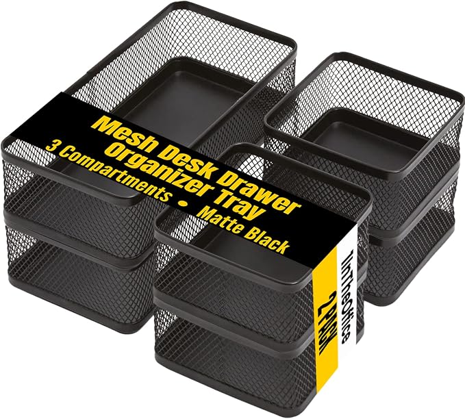 1InTheOffice Mesh Collection Desk Drawer Organizer Tray 3 Compartment - Stackable, Matte Black (2pack) by 1InTheOffice