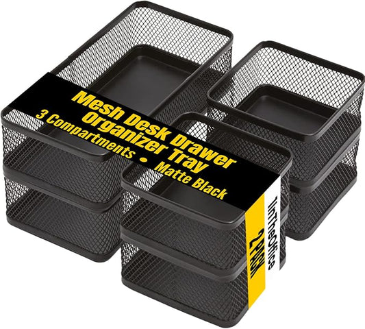 1InTheOffice Mesh Collection Desk Drawer Organizer Tray 3 Compartment - Stackable, Matte Black (2pack) by 1InTheOffice