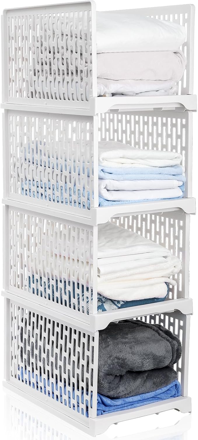 AVLA 4 Pack 38" Stackable Plastic Storage Basket, Plastic Foldable Closet Organizer Storage Bins, Wardrobe Storage Box Clothes Drawer Shelf Container for Cupboard Bedroom Dorm Bathroom Kitchen Office - Image 7